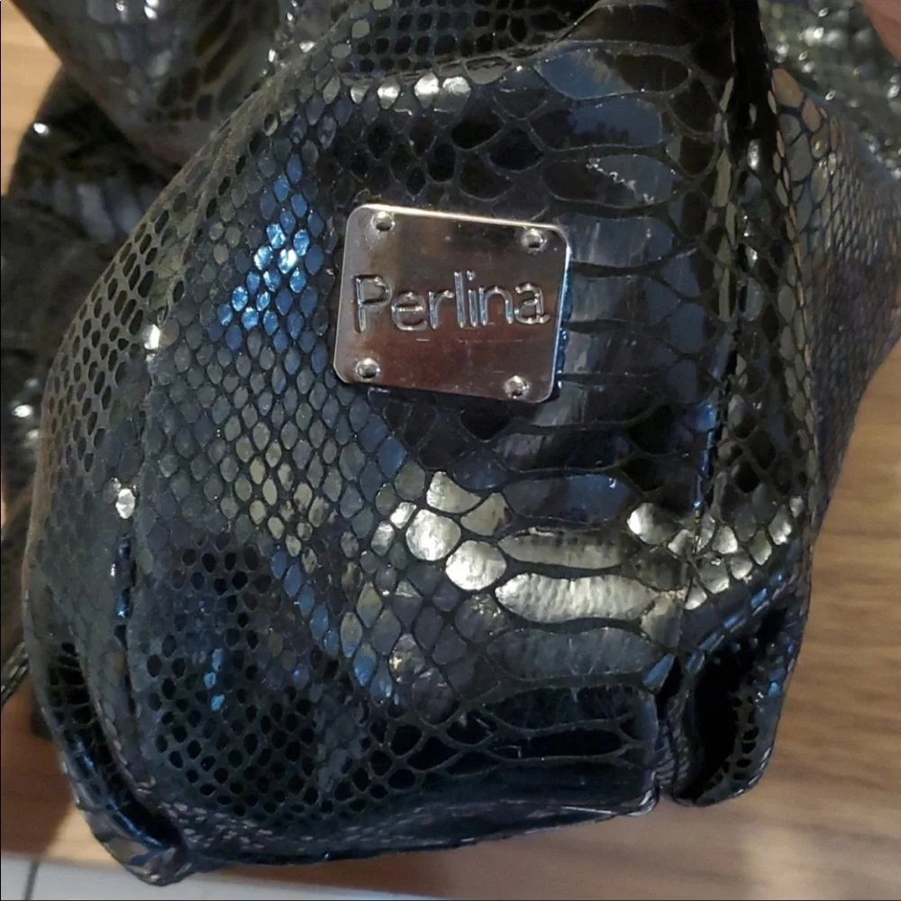NWOT PERLINA BLACK SNAKESKIN EMBOSSED Hobo Bag w/Bow Sash